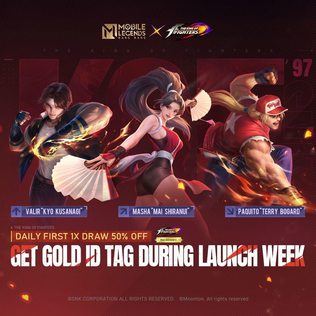 The MLBB × KOF '97 event is now live! Log in and join the event to unlock fighters - Valir "Kyo Kusanagi", Paquito "Terry Bogard", and Masha "Mai Shiranui"! Don't miss out on your daily first 1X Draw, now available at a 50% discount!#MobileLegendsBangBang