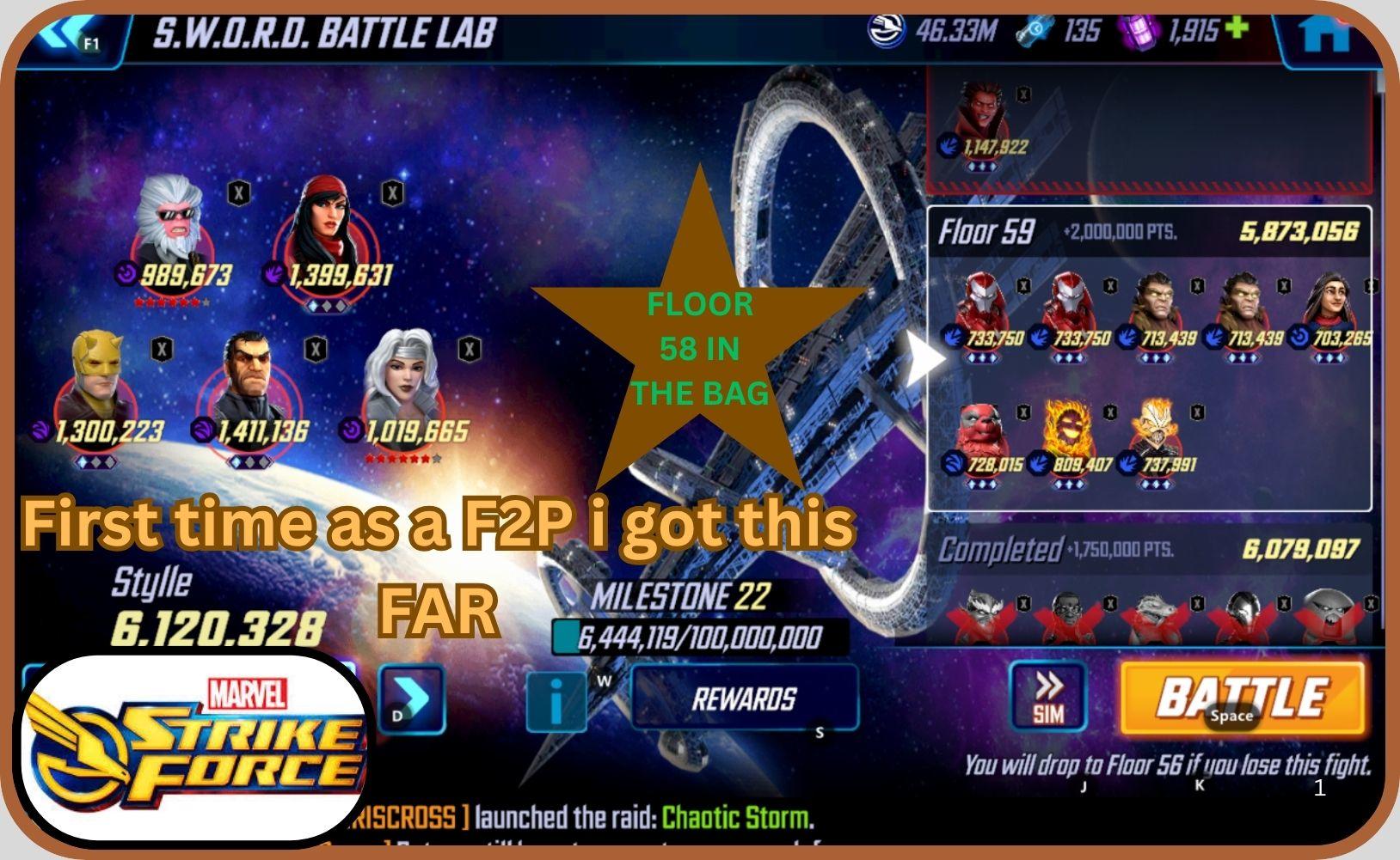 How to Beat Floor 49 to Floor 58 as a F2P The S.W.O.R.D. BATLE LAB in Marvel Strike Force see how.