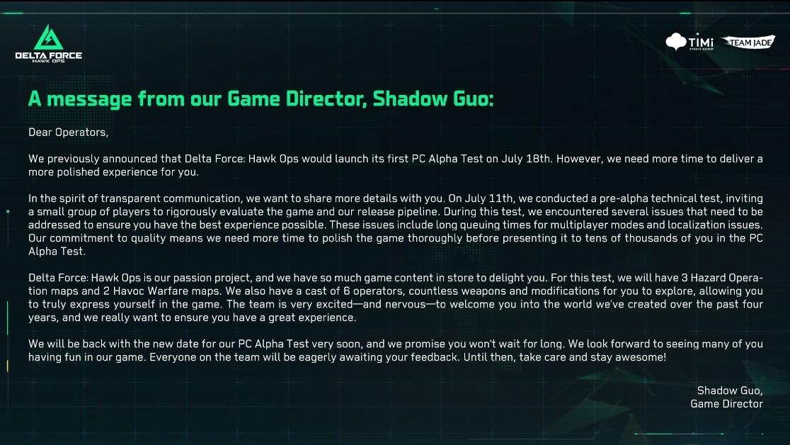 Delta Force Hawk ops 18th july PC alpha test delayed  to unknown date 