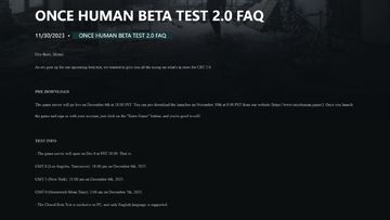 ONCE HUMAN BETA TEST 2.0 will go live on December 6th at 18:00 PST on PC. Pre-download is live now.