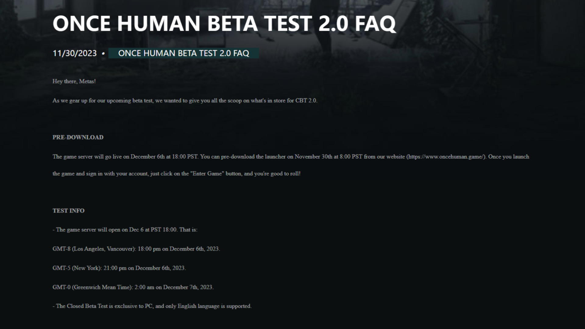 ONCE HUMAN BETA TEST 2.0 will go live on December 6th at 18:00 PST on PC. Pre-download is live now.