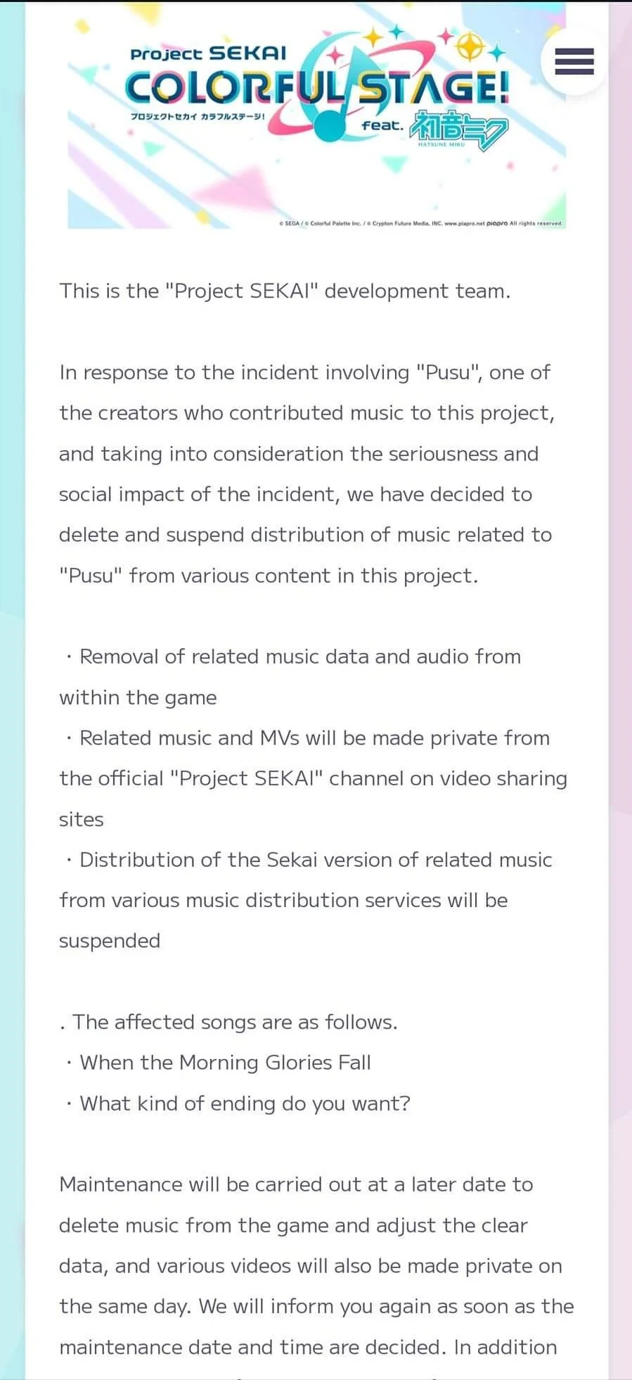 the devs have decided to remove all the songs that were made by the creator.