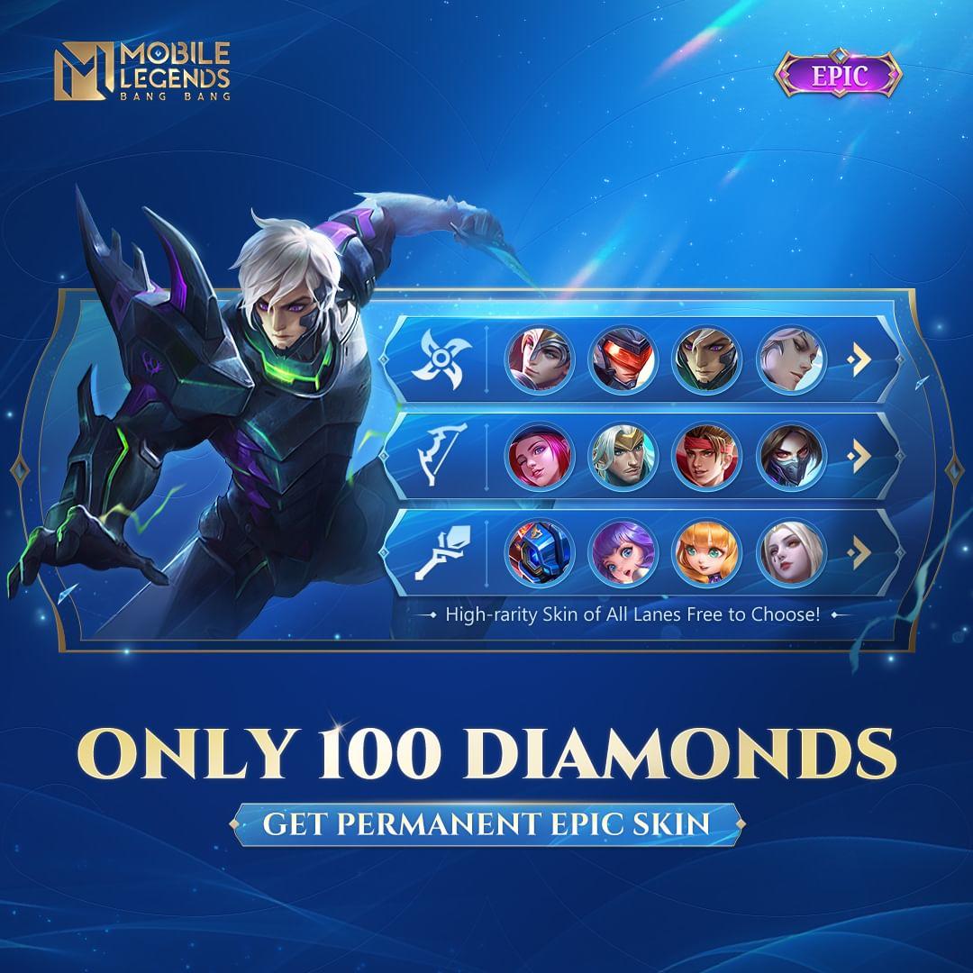 Participate in the 100 Diamonds Bonus event and with only 100 Diamonds, you can select one Epic skin!The recharge rewards of this event will be reset and updated, and you get to choose an Epic skin for any Role/Lane you like!Log in now and seize the chanc